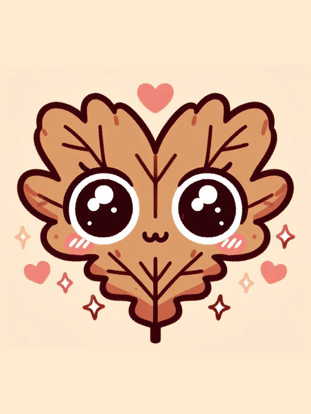 Thanksgiving love drawing ideas featuring a heart-shaped oak leaf with cute eyes and small hearts around it.